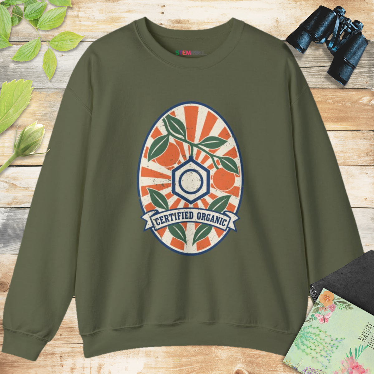 Certified Organic Chemistry sweatshirt in Military Green, front view, with STEMRoll neck label
