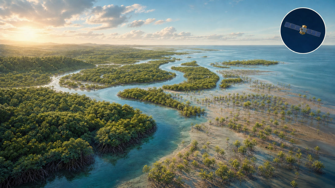 Editorial illustration of mature mangroves and young natural regrowth along tidal channels, with an inset showing an Earth-observation satellite in space