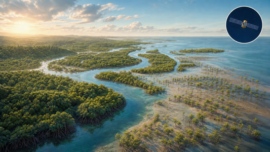 Editorial illustration of mature mangroves and young natural regrowth along tidal channels, with an inset showing an Earth-observation satellite in space