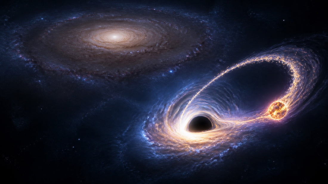 Artist’s illustration of a star being disrupted by an off-center black hole, with the host galaxy’s center in the distance