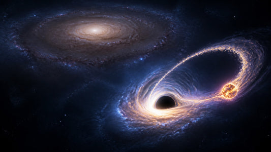 Artist’s illustration of a star being disrupted by an off-center black hole, with the host galaxy’s center in the distance