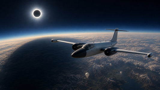 Artist’s illustration of a high-altitude research jet chasing a total solar eclipse above cloud tops