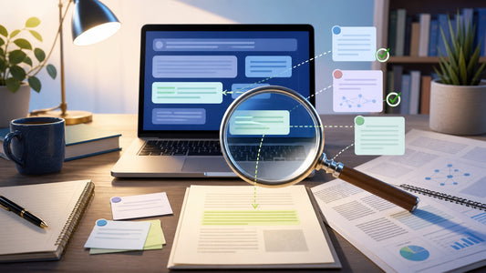 Editorial illustration of an AI answer being checked against original sources with a magnifying glass