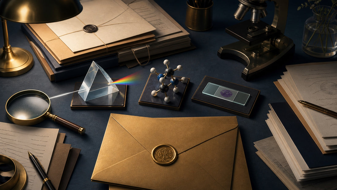 Editorial illustration of confidential science prize evaluations with physics, chemistry and medicine objects
