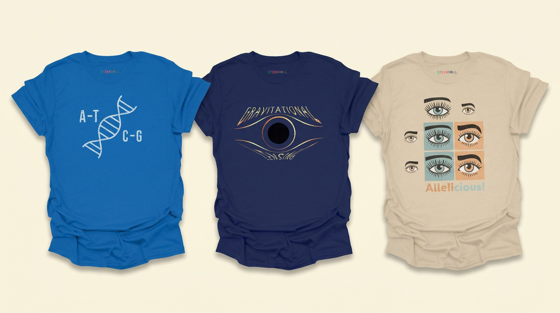 STEMRoll science t-shirts — DNA, Gravitational Lensing, and Allelicious designs