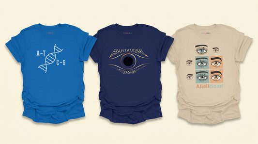 STEMRoll science t-shirts — DNA, Gravitational Lensing, and Allelicious designs