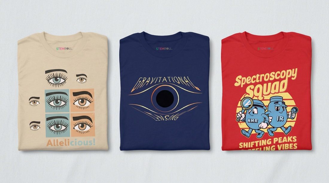 STEMRoll biology, physics and chemistry t-shirts — Allelicious, Gravitational Lensing, and Spectroscopy