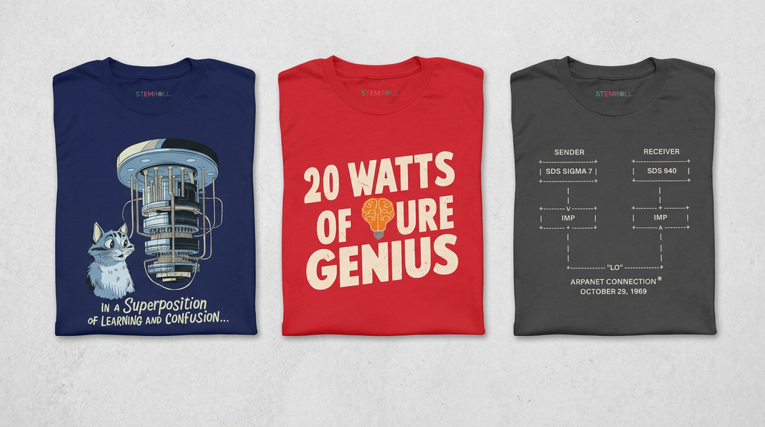 STEMRoll Pi Day science t-shirts — Superposition, 20 Watts, and LO and Behold designs