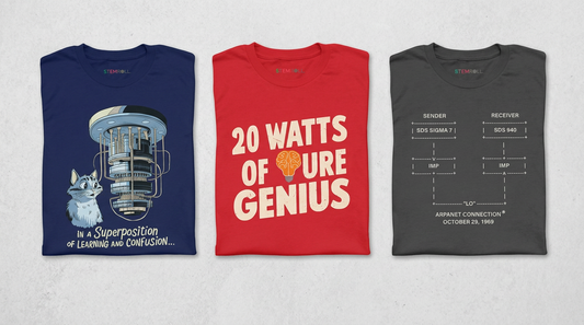 STEMRoll Pi Day science t-shirts — Superposition, 20 Watts, and LO and Behold designs