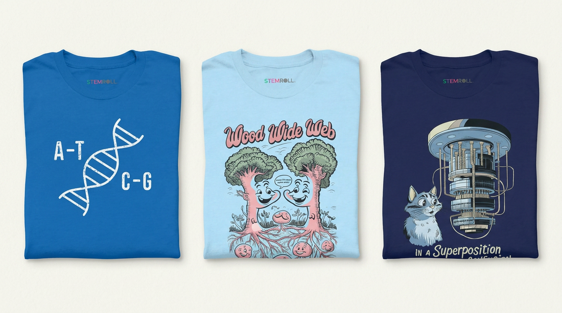 STEMRoll back to school science t-shirts — DNA, Wood Wide Web, and Superposition designs