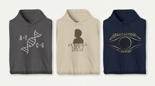 STEMRoll graduation gift hoodies — DNA, Marie Curie, and Gravitational Lensing designs