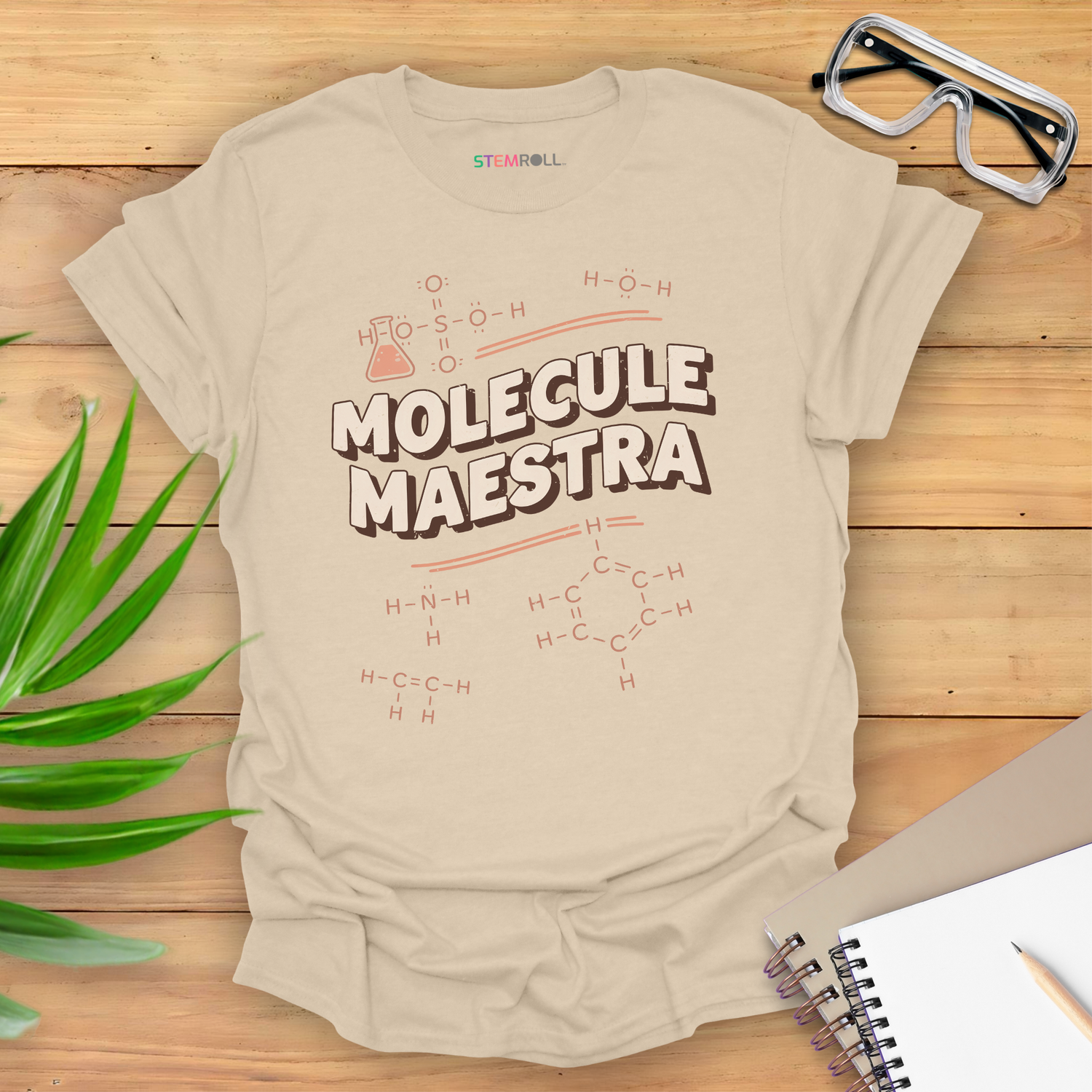 Women's STEM T-shirt in sand, Molecule Maestra chemistry design