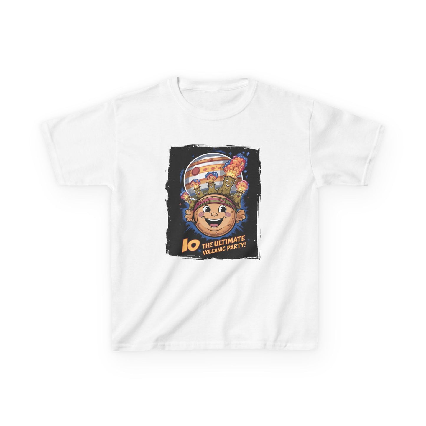 Io: The Ultimate Volcanic Party youth t-shirt in navy — STEMRoll astronomy apparel for kids