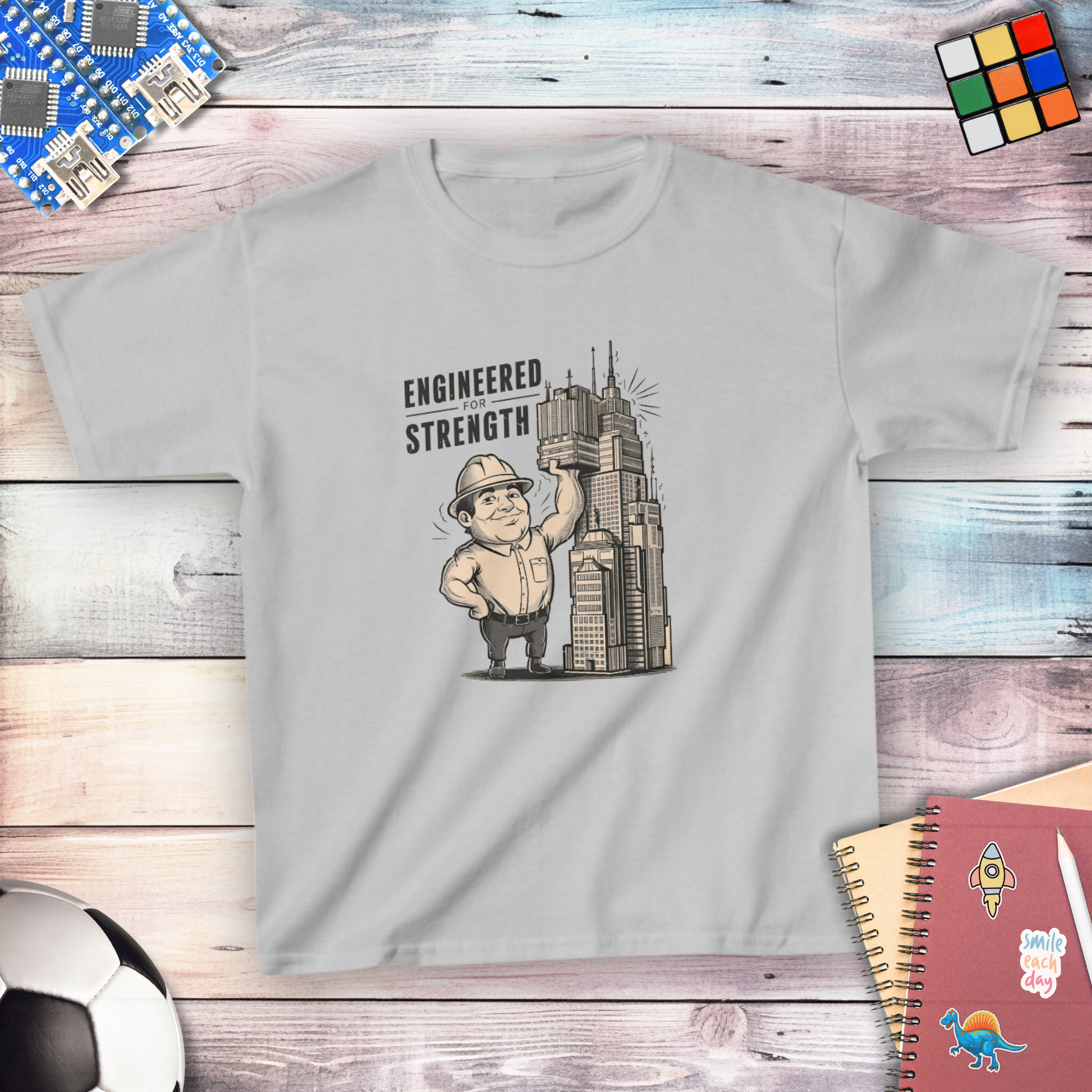 Engineered for Strength male version engineering youth t-shirt — STEMRoll science apparel for kids