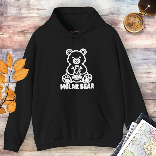 Molar Bear Chemistry Hoodie in Black, flat lay with white line-art bear holding a conical flask