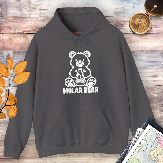 Molar Bear Chemistry Hoodie in Charcoal, flat lay with white line-art bear holding a conical flask