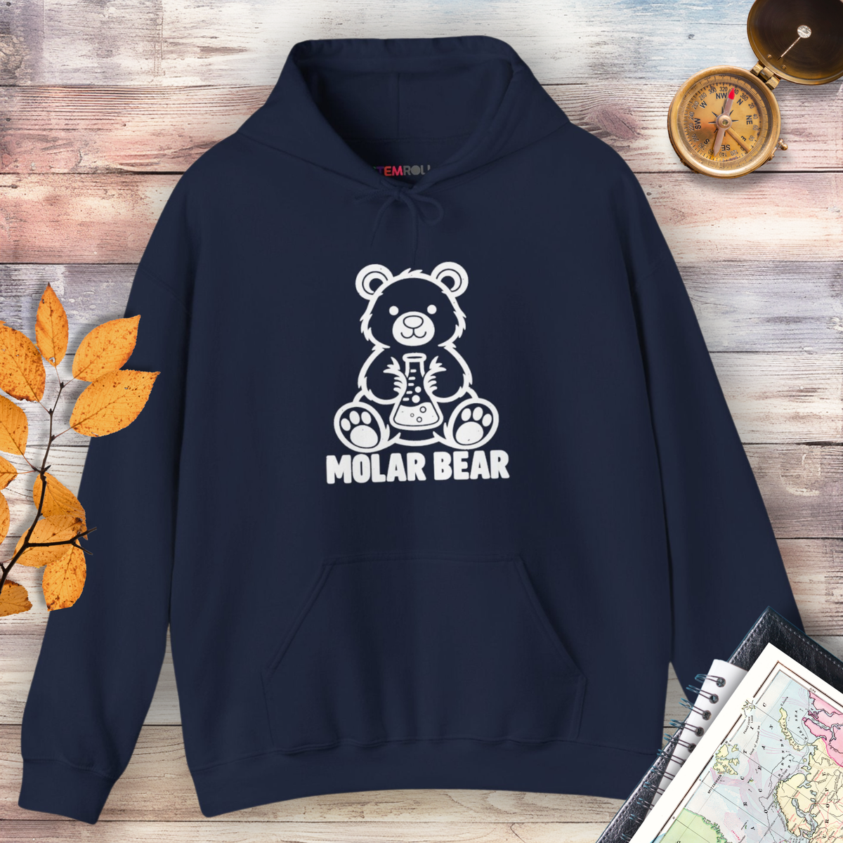 Molar Bear Chemistry Hoodie in Navy, flat lay with white line-art bear holding a conical flask