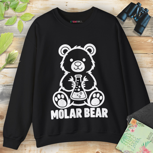 Molar Bear Chemistry Sweatshirt in Black, flat lay with white line-art bear holding a conical flask