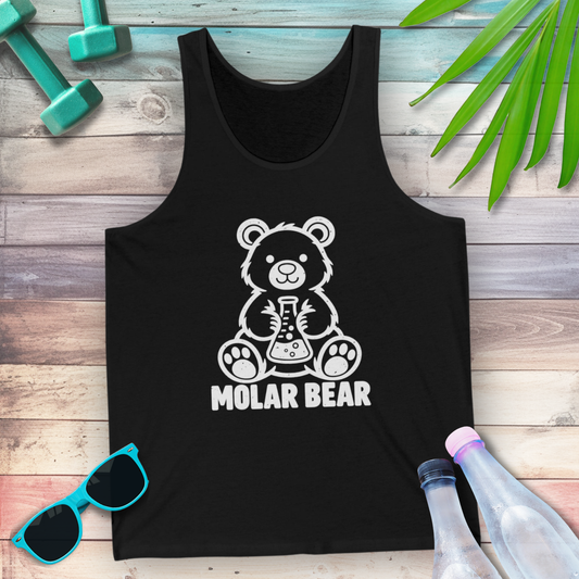 Molar Bear Chemistry Tank Top in Black, flat lay with white line-art bear holding a conical flask