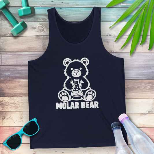 Molar Bear Chemistry Tank Top in Navy, flat lay with white line-art bear holding a conical flask