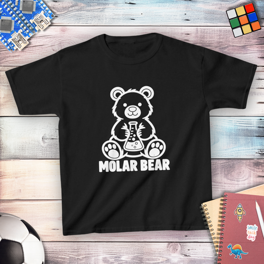 Molar Bear Chemistry Youth T-shirt in Black, flat lay with white line-art bear holding a conical flask
