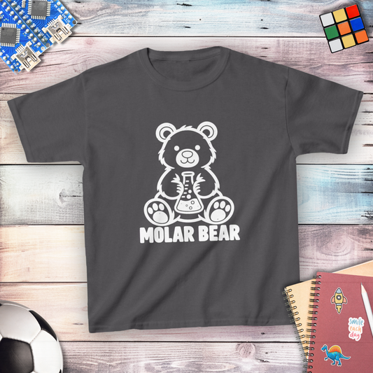 Molar Bear Chemistry Youth T-shirt in Charcoal, flat lay with white line-art bear holding a conical flask