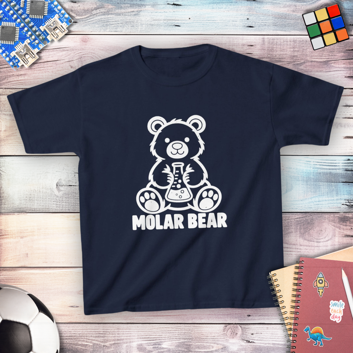 Molar Bear Chemistry Youth T-shirt in Navy, flat lay with white line-art bear holding a conical flask