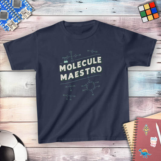 Molecule Maestro male version chemistry youth t-shirt — STEMRoll science apparel for kids