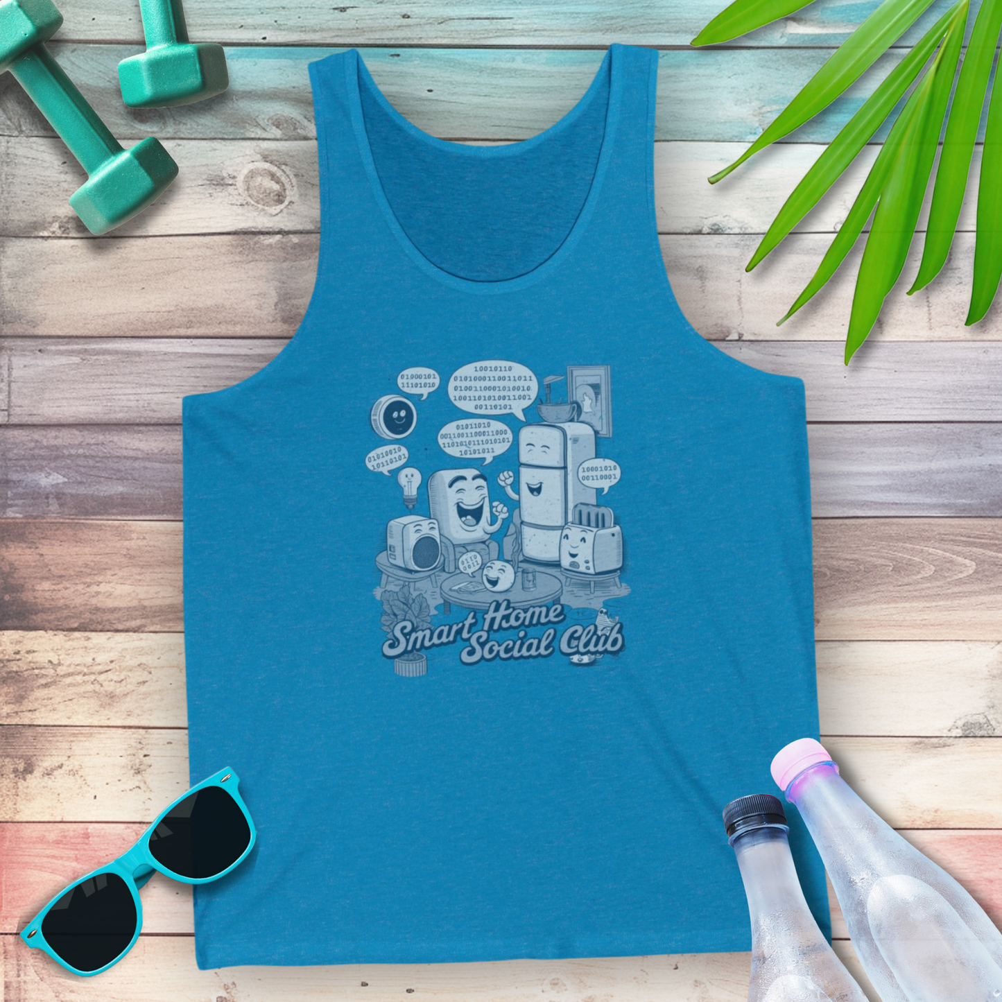 Smart Home Social Club IoT engineering tank top in aqua — STEMRoll technology apparel