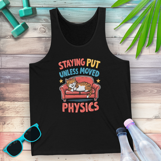 Staying Put Unless Moved cat version physics tank top — STEMRoll physics humor science apparel