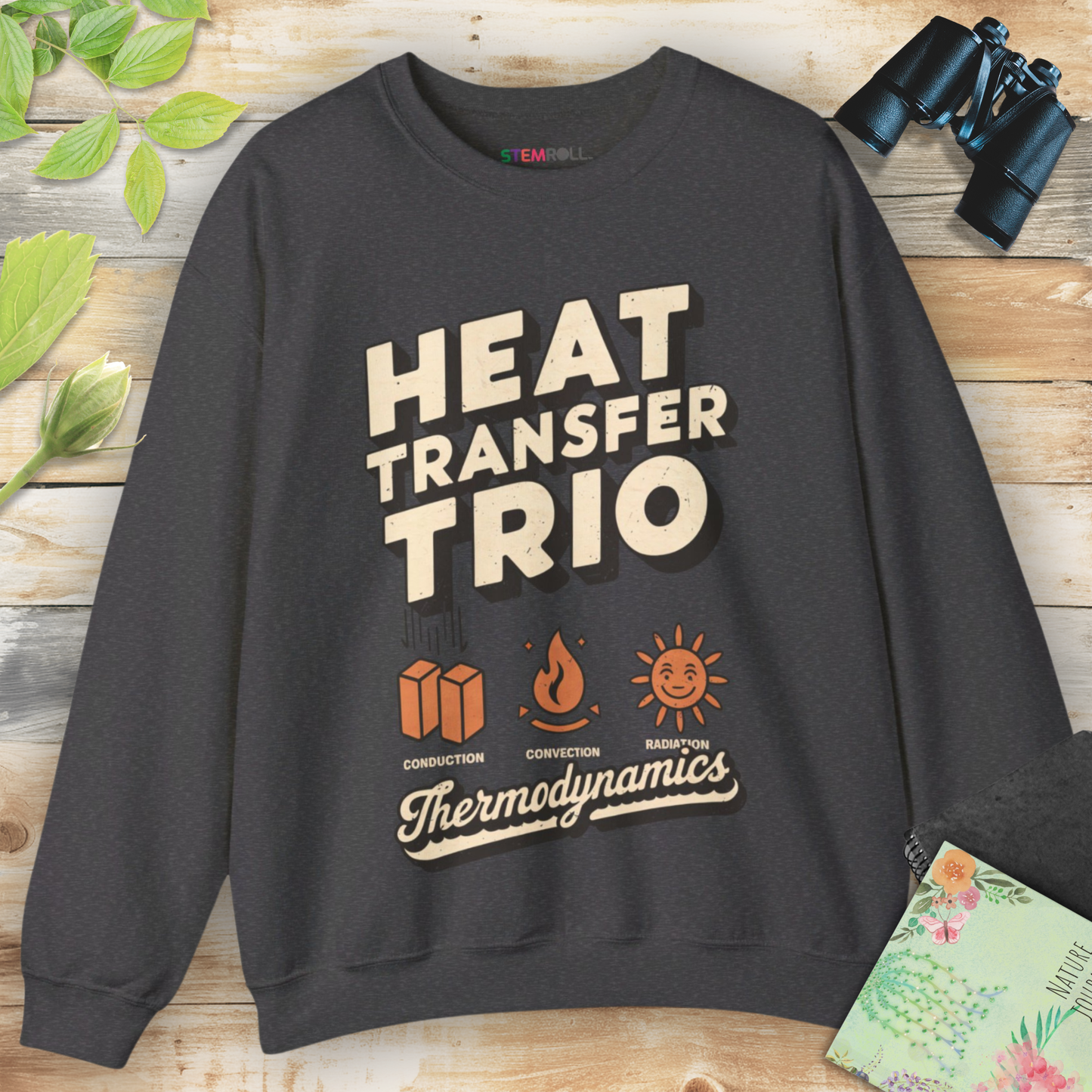 Thermodynamics heat transfer trio sweatshirt in dark heather — STEMRoll science apparel for engineers and physics students