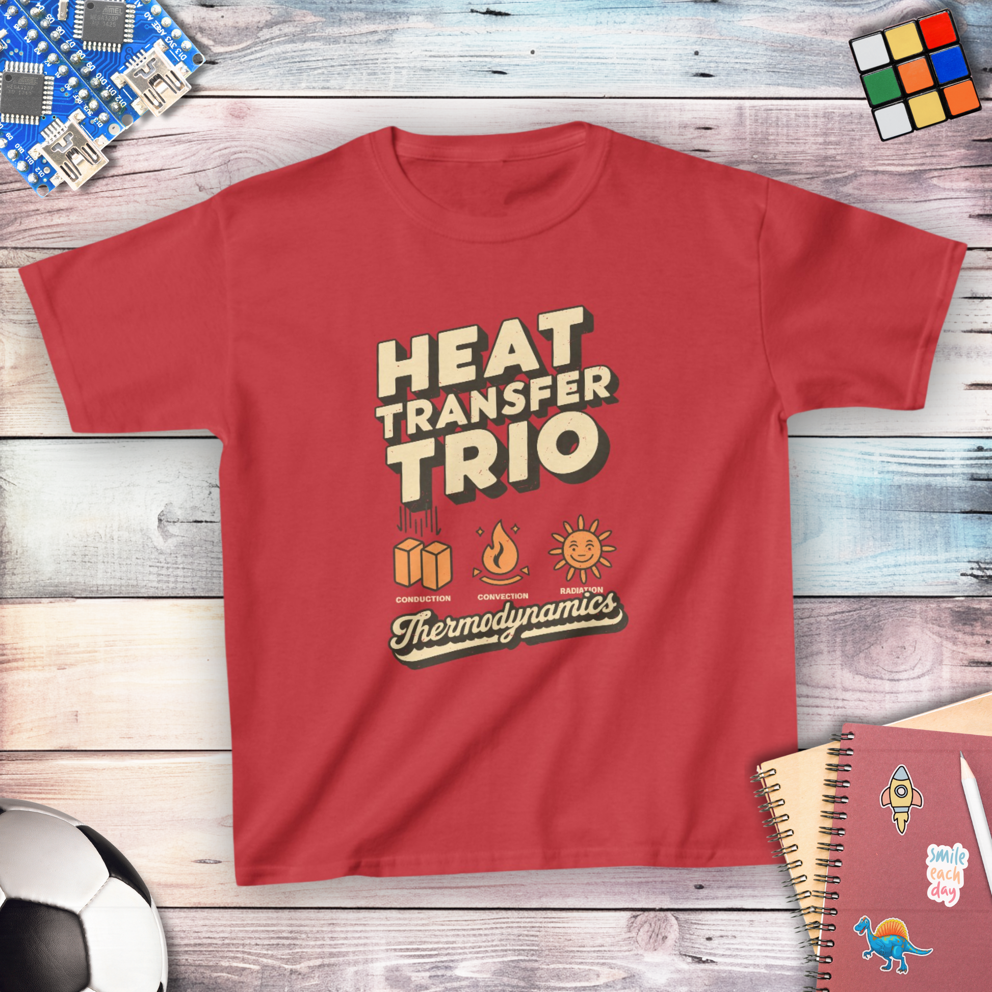 Thermodynamics heat transfer trio youth t-shirt in red — STEMRoll science apparel for kids