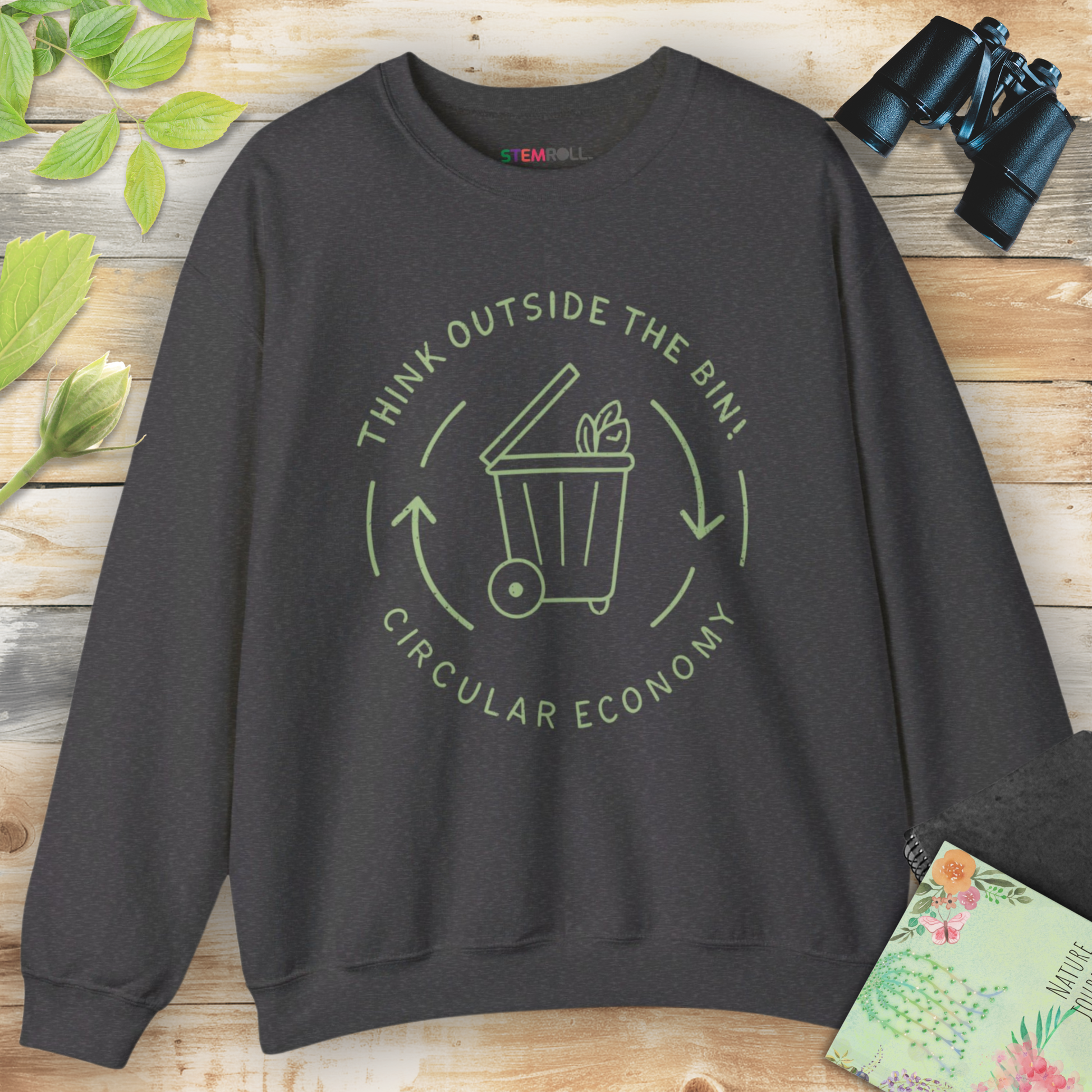 Think Outside the Bin circular economy sweatshirt in dark heather — STEMRoll sustainability and environmental engineering apparel