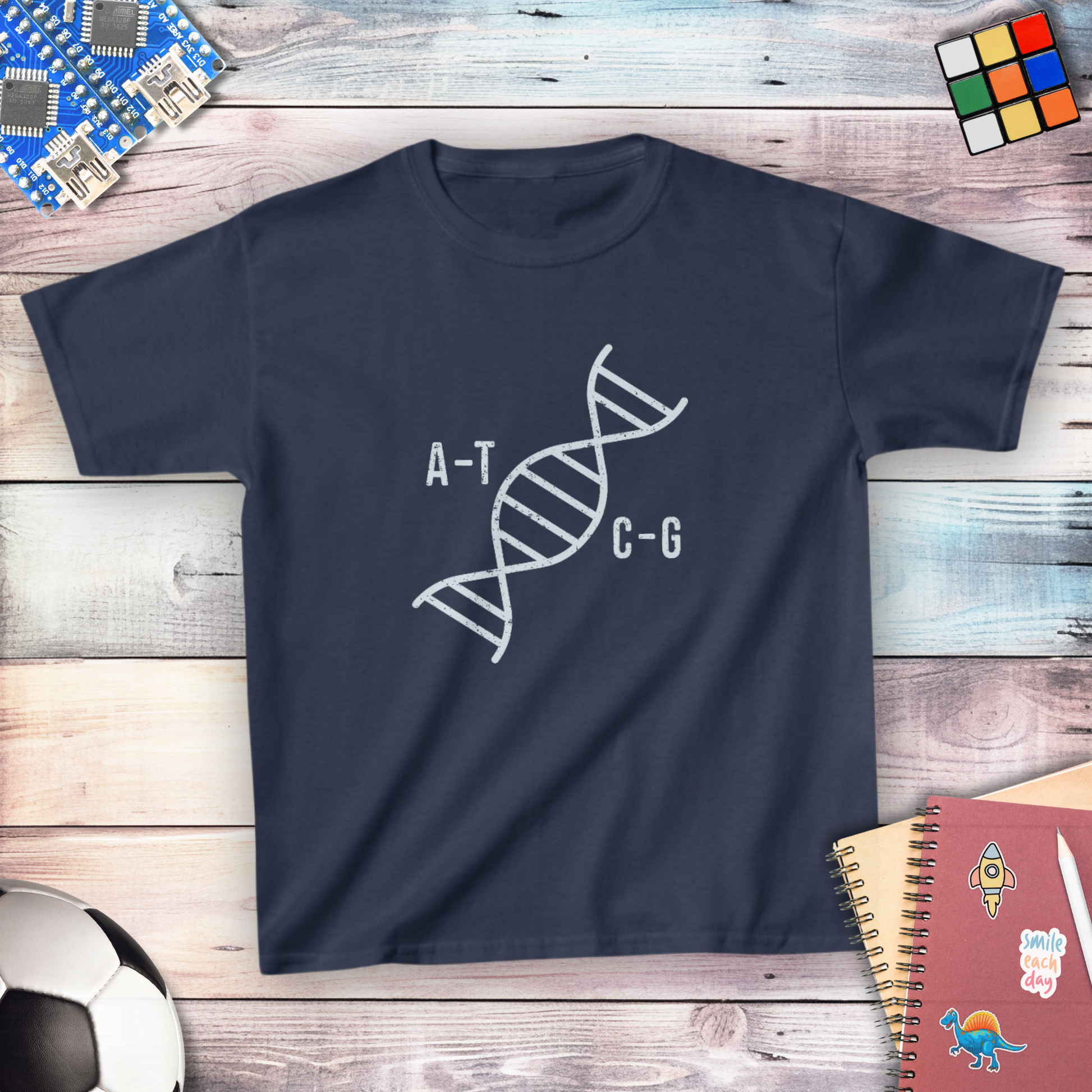 Unraveling A T C G DNA nucleotides youth t-shirt — STEMRoll genetics biology science apparel for kids