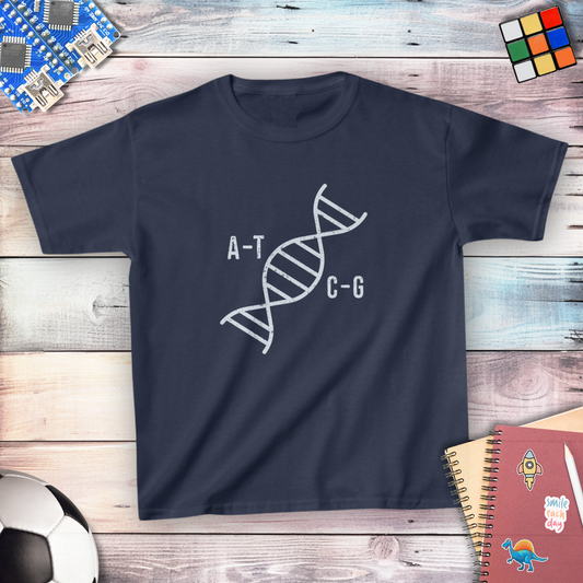Unraveling A T C G DNA nucleotides youth t-shirt — STEMRoll genetics biology science apparel for kids