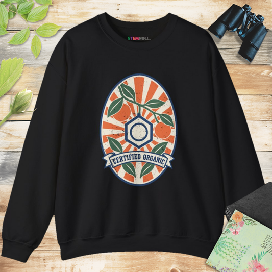 Certified Organic Chemistry sweatshirt in Black, front view, with STEMRoll neck label