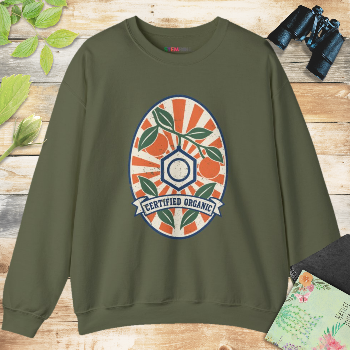 Certified Organic Chemistry sweatshirt in Military Green, front view, with STEMRoll neck label