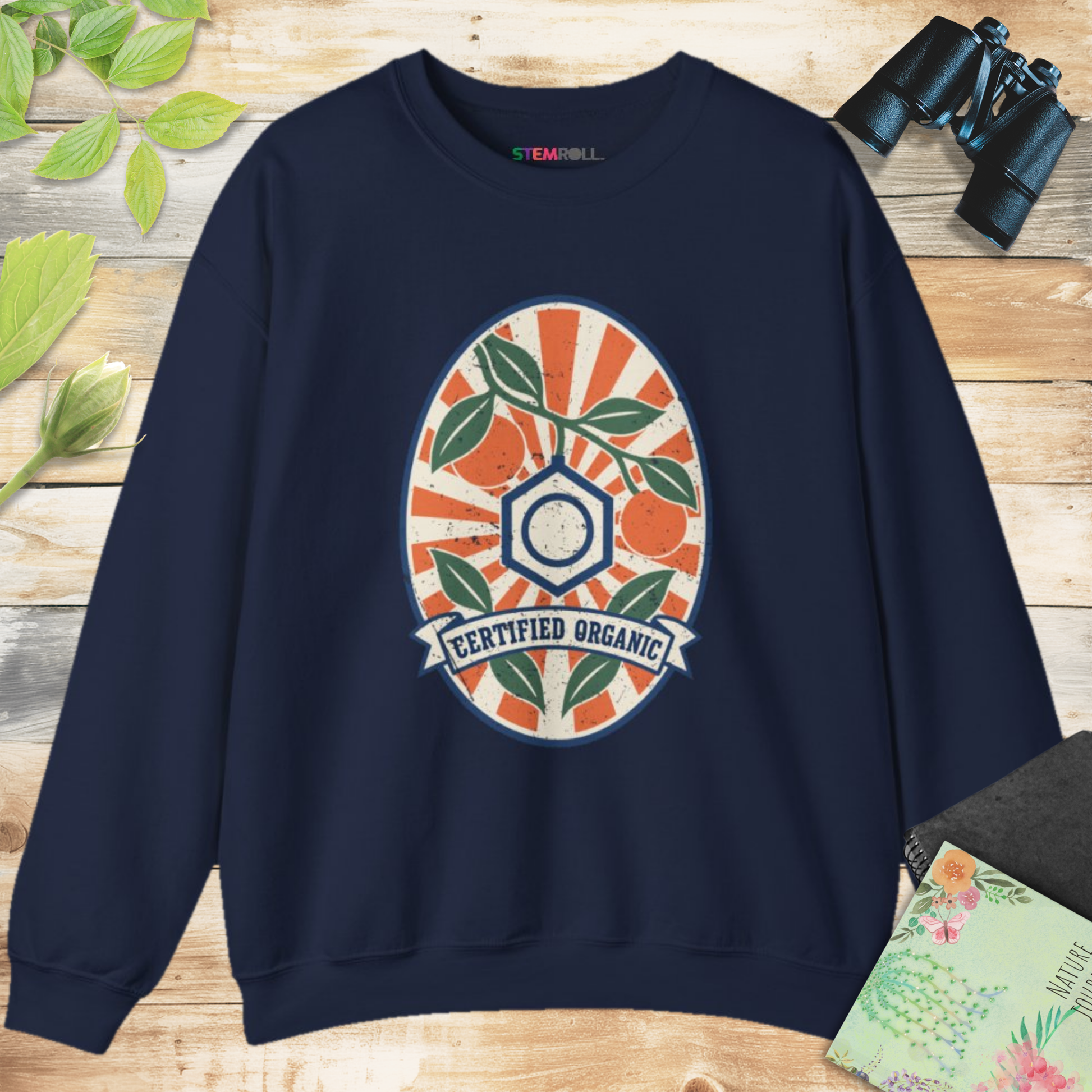 Certified Organic Chemistry sweatshirt in Navy, front view, with STEMRoll neck label