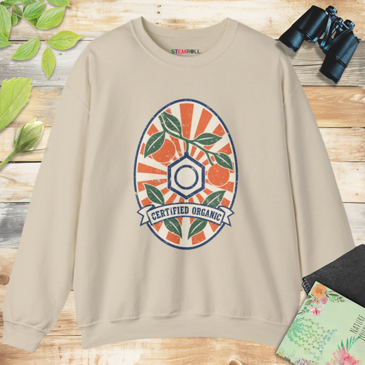 Certified Organic Chemistry sweatshirt in Sand, front view, with STEMRoll neck label