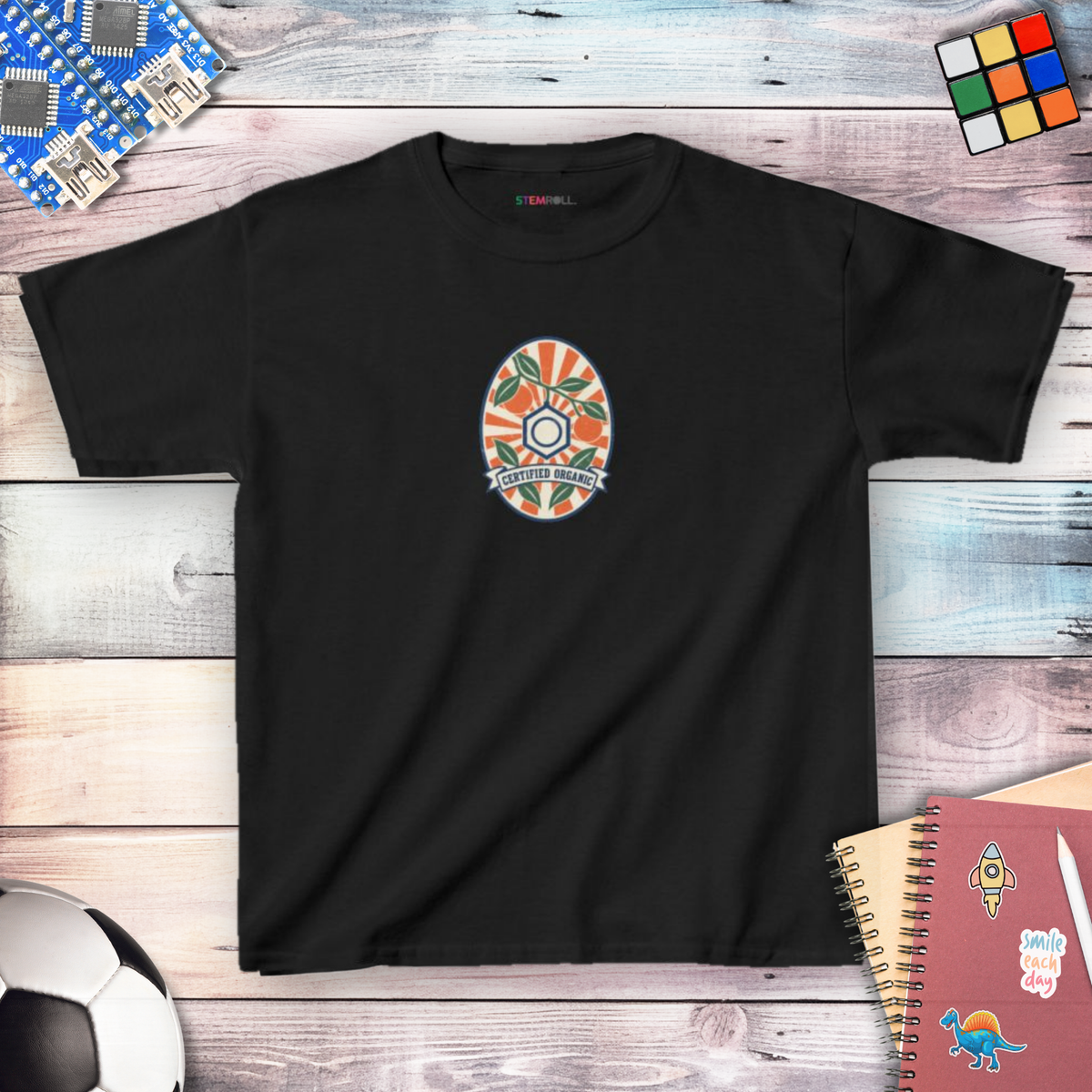 Certified Organic Chemistry youth t-shirt in Black, front view, with STEMRoll neck label