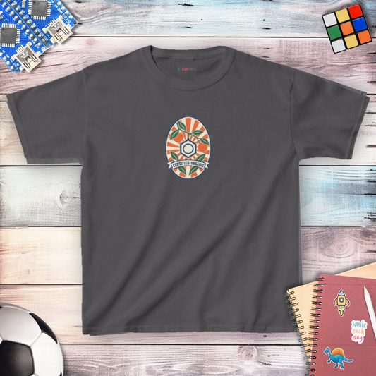 Certified Organic Chemistry youth t-shirt in Charcoal, front view, with STEMRoll neck label