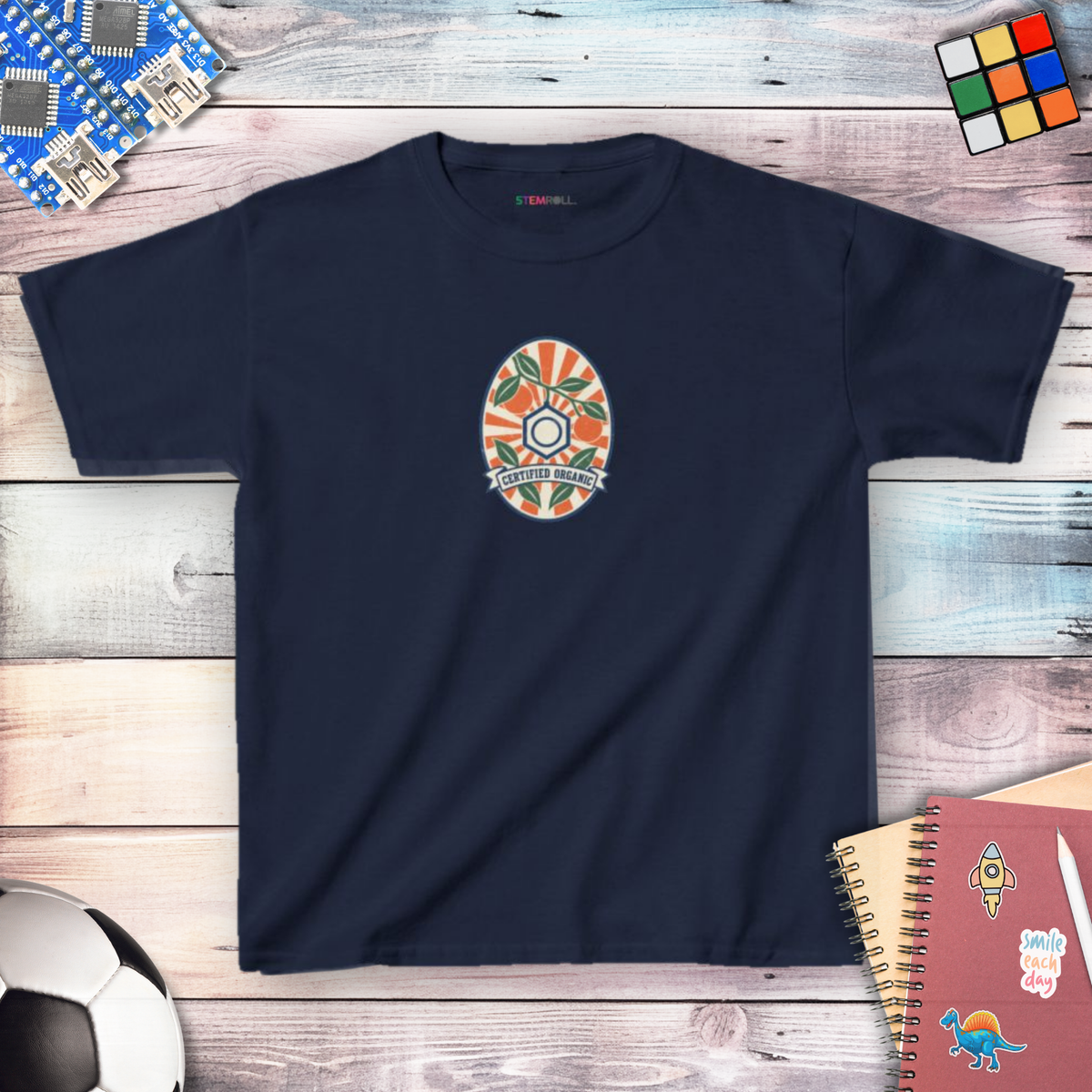 Certified Organic Chemistry youth t-shirt in Navy, front view, with STEMRoll neck label